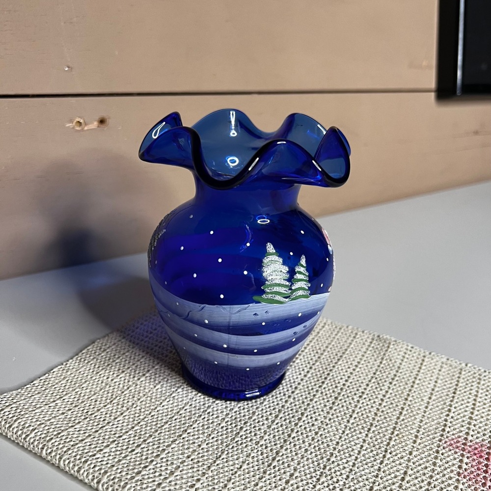 Fenton Cobalt Blue Glass Ruffled Vase Hand Painted Artist Signed C A Hall